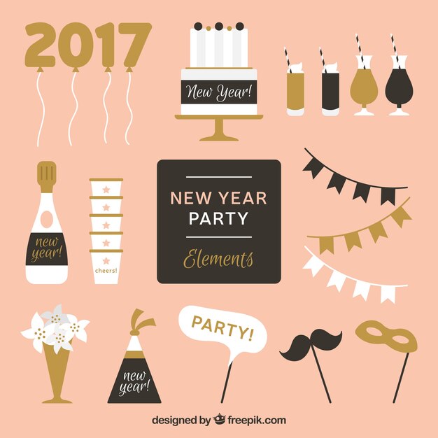 Elementos de fiesta dorados y negros para año nuevo