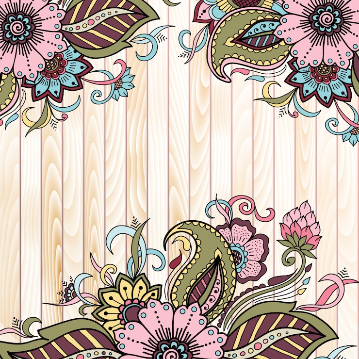 Vector gratuito elementos florales abstractos en estilo mehndi indio sobre fondo de madera.