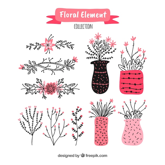 Elementos florales modernos con estilo de dibujo a mano