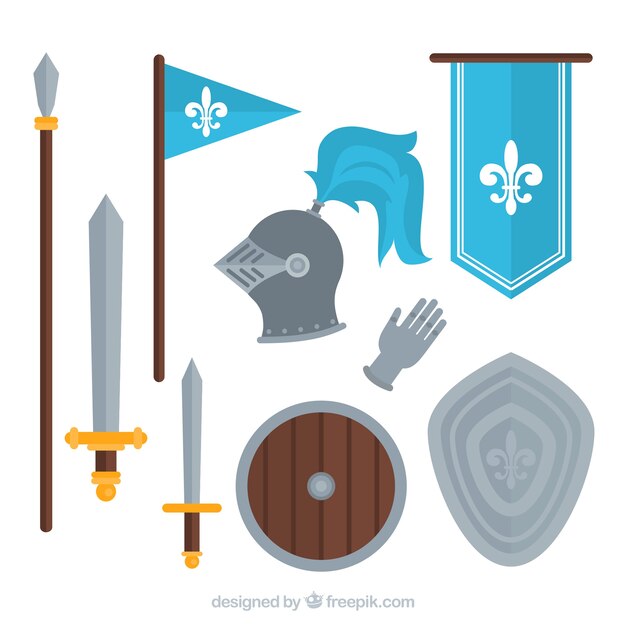 Elementos de guerrero medieval con diseño plano