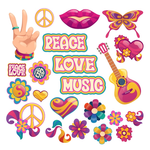 Vector gratuito elementos hippie con letras de paz, amor y música.