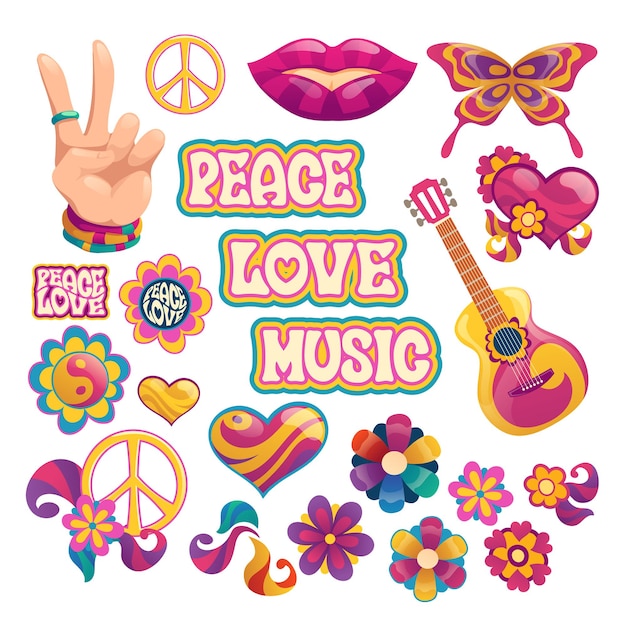 Elementos hippie con letras de paz, amor y música.