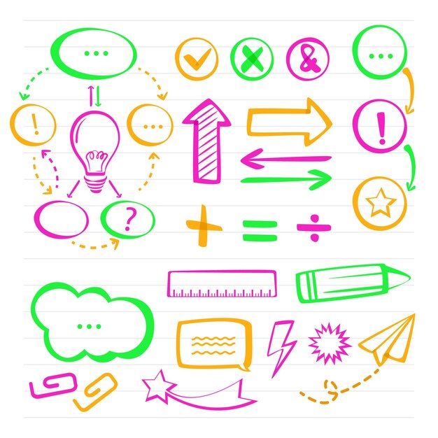 Elementos de infografía escolar en marcadores de colores.