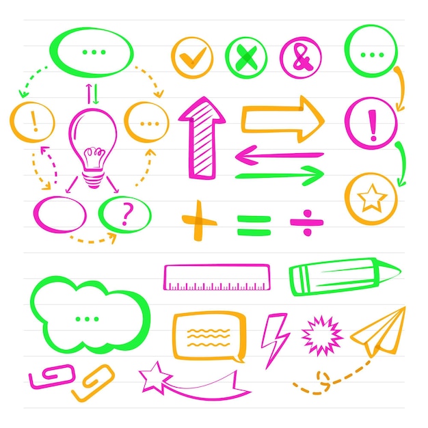 Elementos de infografía escolar en marcadores de colores.