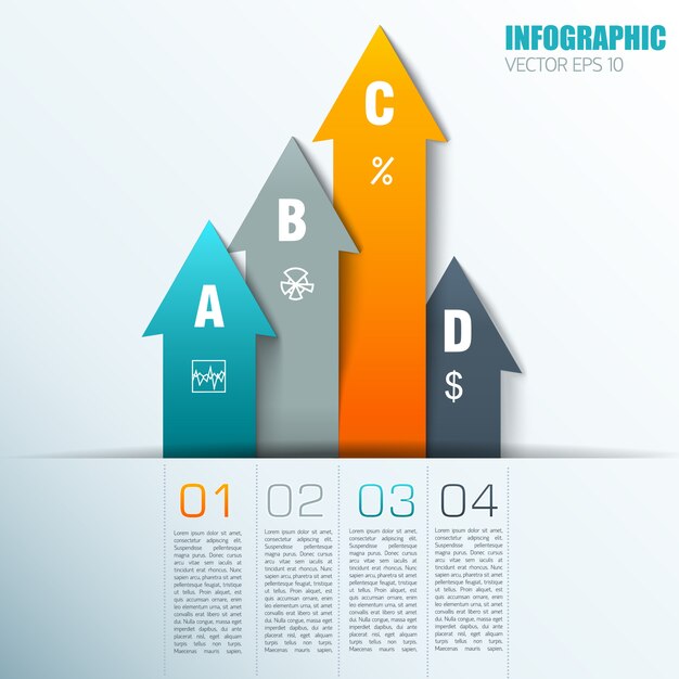 Elementos de infografías coloridas de diseño plano con muestras de texto numeradas en las flechas inferiores y verticales