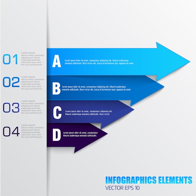 Elementos de infografías empresariales con campos de texto de flecha numerados en colores azules