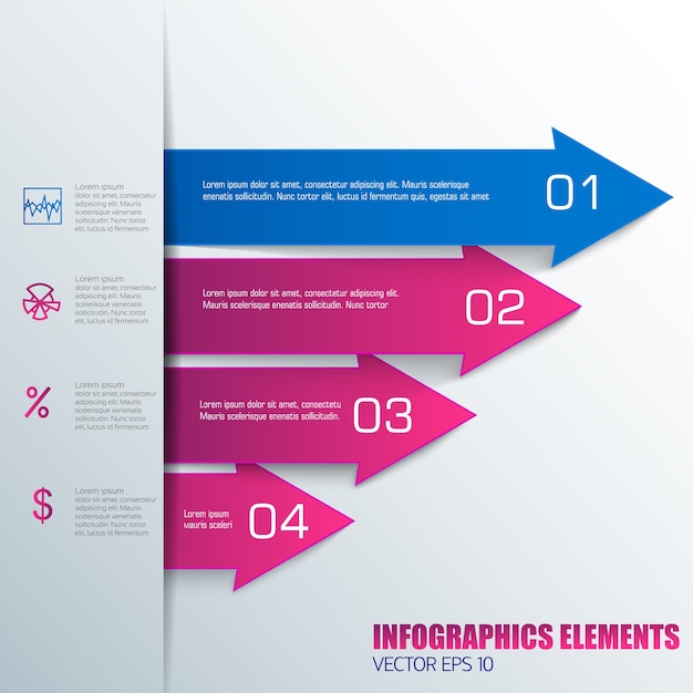Elementos de infografías de negocios de colores azul y rosa con campos de texto de flechas horizontales