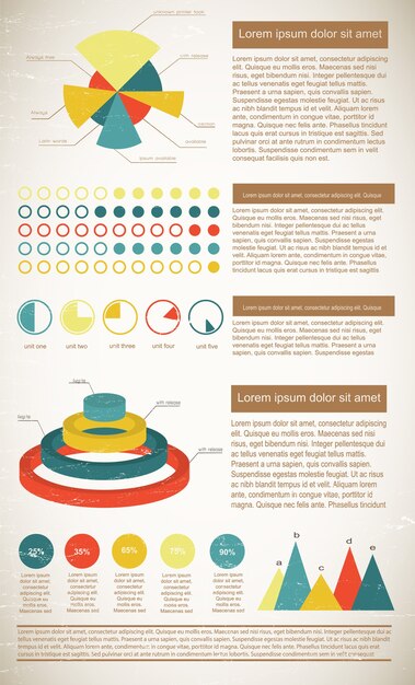 Elementos de infografías vintage en colores brillantes que muestran estadísticas con campos de texto