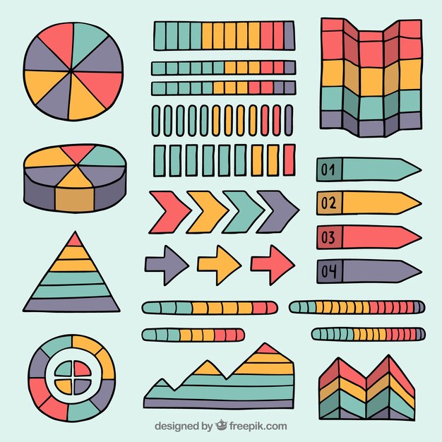 Elementos infográficos coloridos dibujados a mano