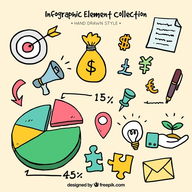 Elementos infográficos coloridos dibujados a mano