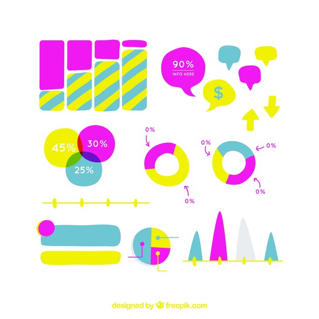 Elementos infográficos dibujados a mano con diferentes colores
