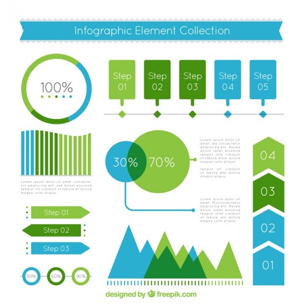 Elementos infográficos planos en tonos azules y verdes