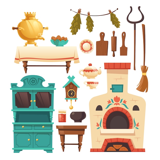 Vector gratuito elementos interiores de la antigua cocina rusa con horno
