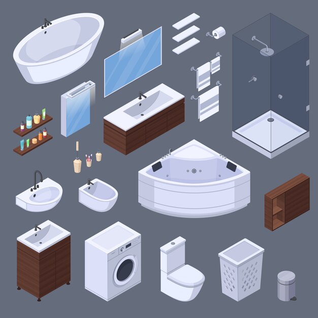 Los elementos interiores isométricos del cuarto de baño con piezas de muebles y equipo de lavabo aislaron imágenes en el fondo gris ilustración vectorial
