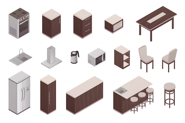 Elementos isométricos aislados del interior de la cocina con refrigerador, mesa, horno, microondas, lavadora, ventil
