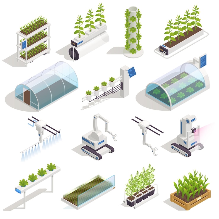 Vector gratuito elementos isométricos de la casa verde moderna con hidroponía automatizada y camas de jardín inteligentes aeropónicos asistente robótico ilustración vectorial