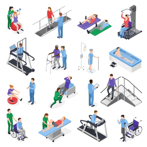 Elementos isométricos de la clínica de rehabilitación de fisioterapia con simuladores de equipos de tratamiento del personal de enfermería recuperación del paciente