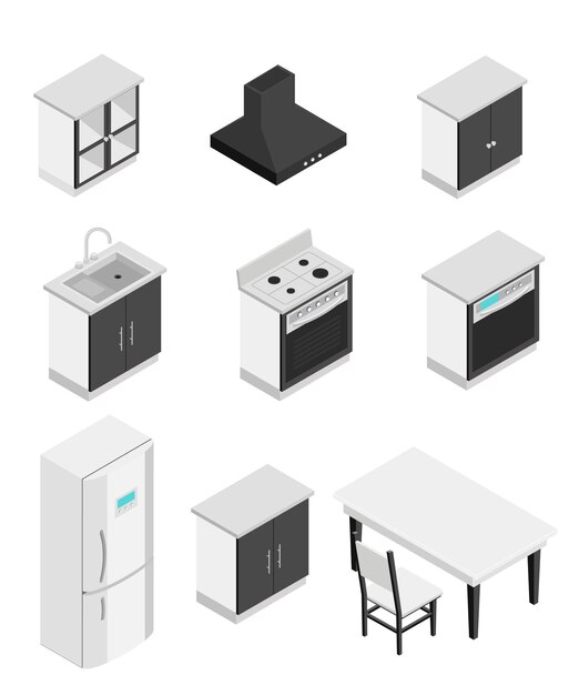Elementos isométricos de cocina contemporánea Muebles lujosos y electrodomésticos.
