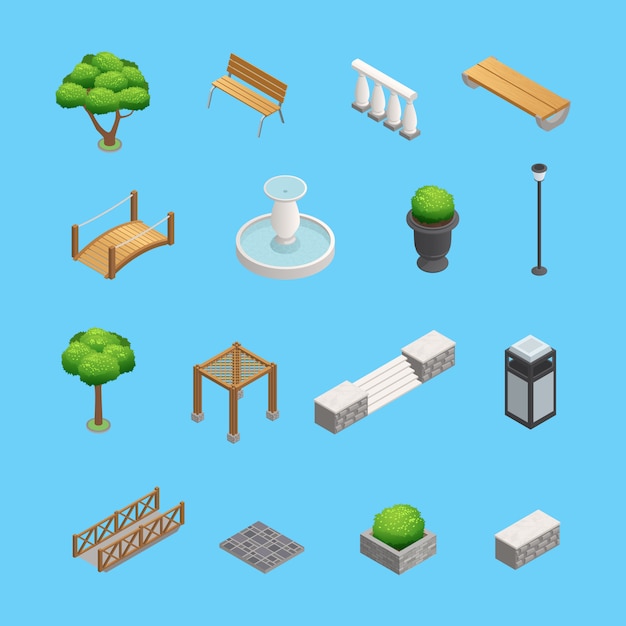 Elementos isométricos de paisajismo para el diseño de jardines y parques con plantas, árboles y objetos aislados en