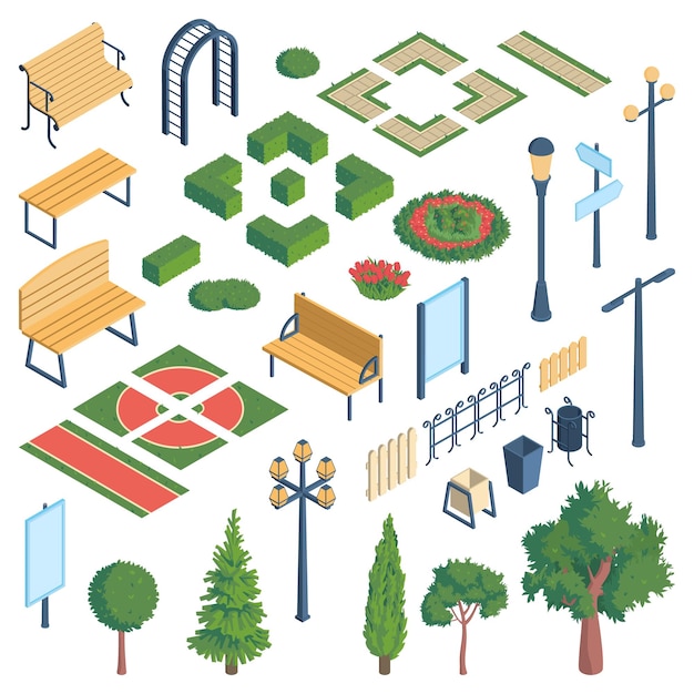 Elementos isométricos del parque de la ciudad con imágenes aisladas de partes esenciales del jardín público moderno con ilustraciones de vectores de sombras