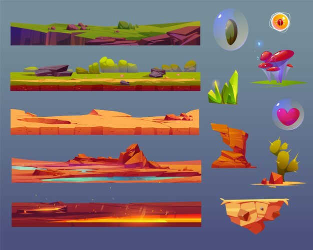 Elementos de juego ui con plataforma de tierra flotante