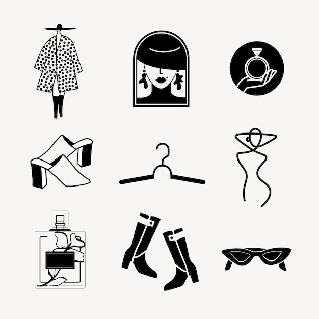 Vector gratuito elementos del logotipo de moda, conjunto de diseño de pegatinas vectoriales en blanco y negro