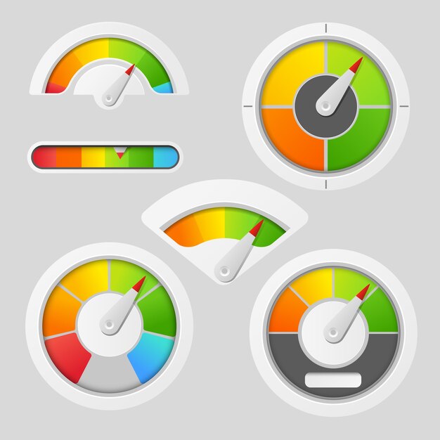 Elementos del medidor de gráfico de calibre. El tablero indica, indicador de panel, indicador de medida, ilustración vectorial