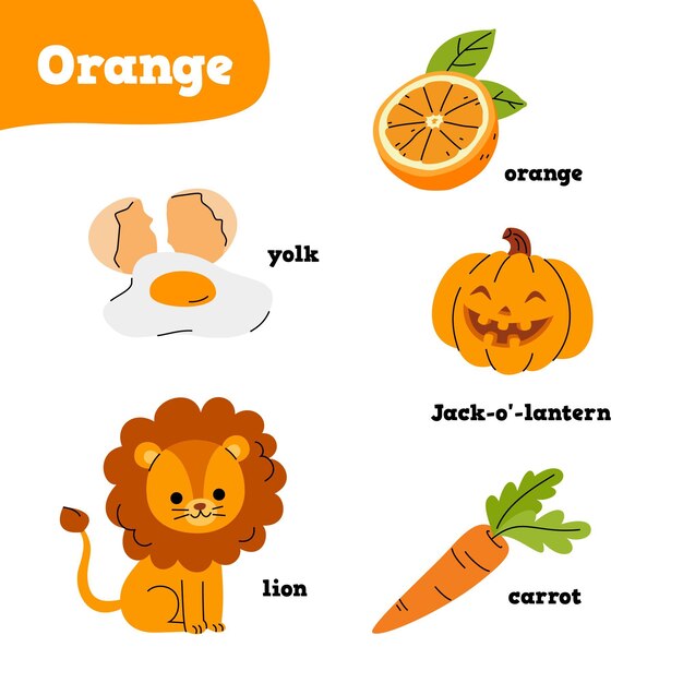 Elementos naranjas con palabras en inglés.