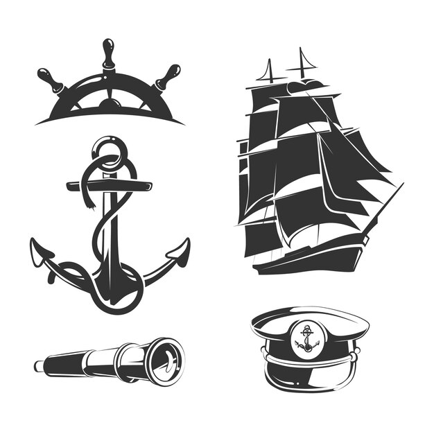 elementos náuticos para etiquetas vintage. Etiqueta de ancla, insignia náutica, barco náutico, ilustración de barco insignia náutica