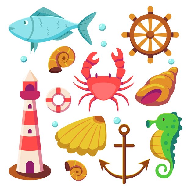 Elementos náuticos y faro Vida marina Elemento lindo Vida animal en el mundo submarino Criatura animal submarina y peces Ilustración de dibujos animados vectoriales