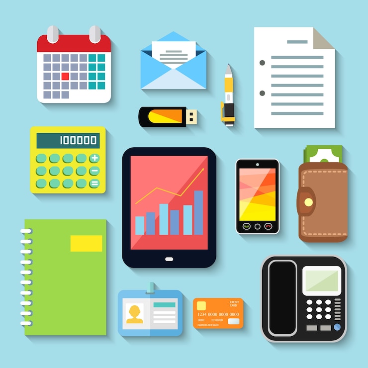 Vector gratuito elementos de negocios y conjunto de dispositivos móviles de tableta teléfono portátil tarjeta plástica ilustración vectorial