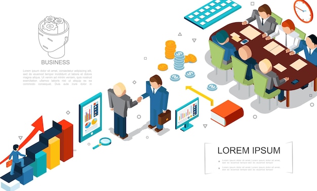 Vector gratuito elementos de negocios isométricos establecidos con gráficos lupa monedas libro tableta computadora gente de negocios trato y reunión ilustración