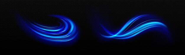 Elementos de neón ondulados de luz azul con efecto swoosh
