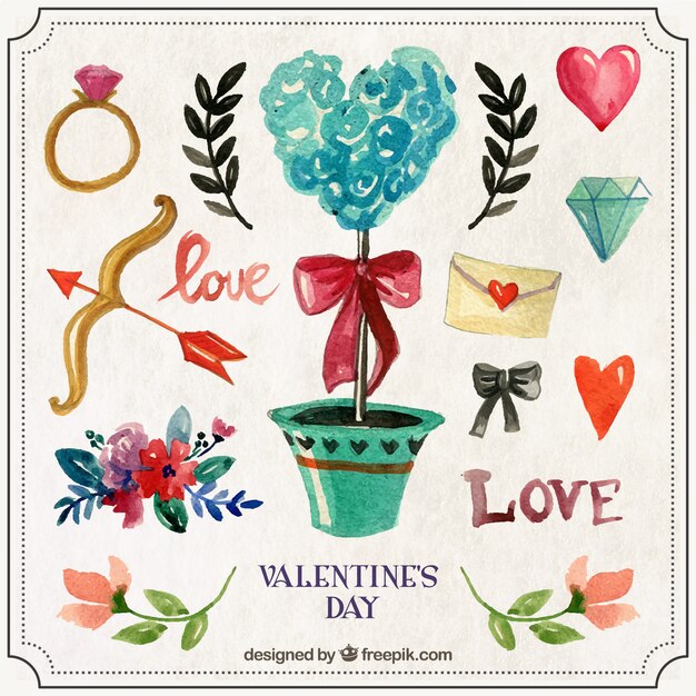 Elementos ornamentales para el día de valentín pintados a mano