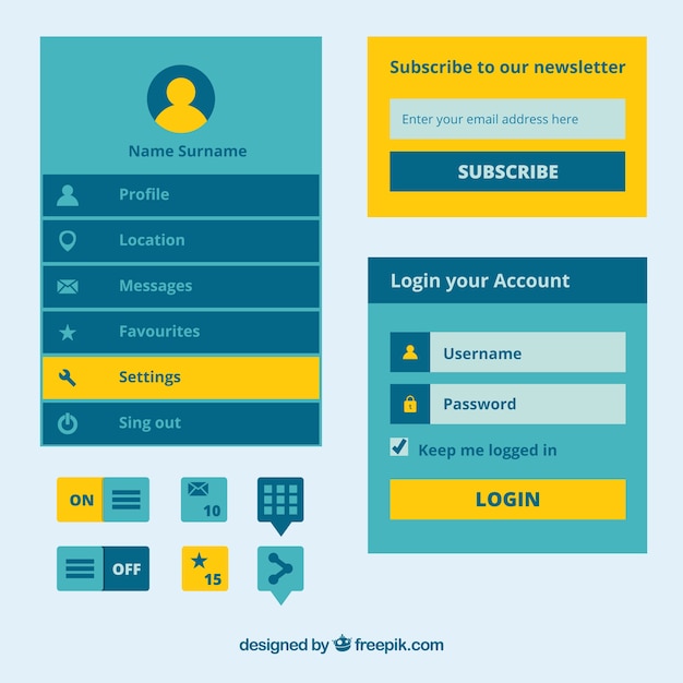 Vector gratuito elementos de página web azules y amarillos