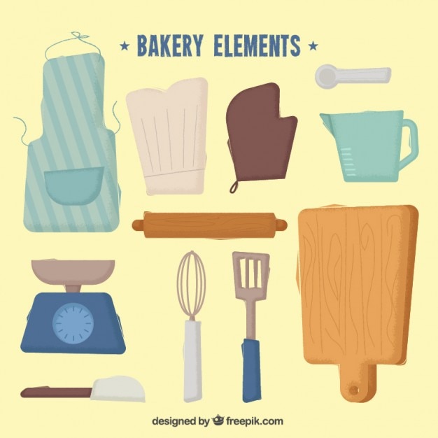 Elementos de panadería pintados a mano y herramientas de cocina