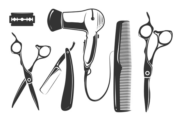 Elementos de peluquería para logotipo, etiquetas e insignias.
