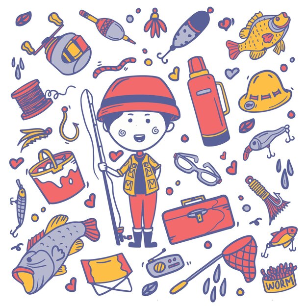 Elementos de pesca dibujados a mano doodle para colorear
