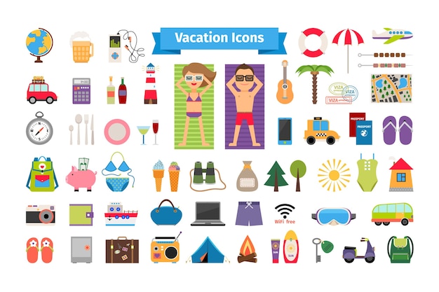 Elementos planos de descanso de vacaciones y verano. Turismo y brújula, viaje y binoculares, bañador y paraguas.