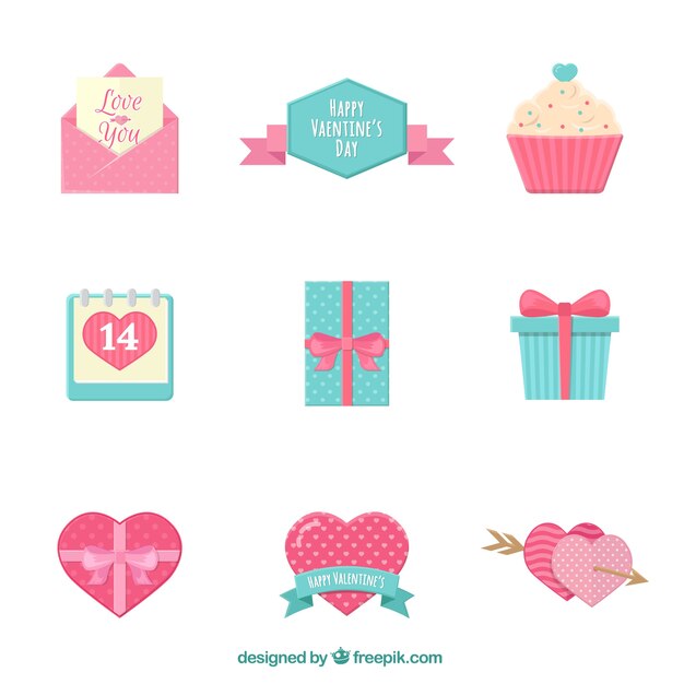 Elementos planos para el día de san valentín en colores pastel