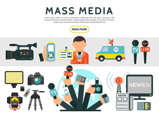 Elementos planos de los medios de comunicación con reportero, fotos, cámaras de video, noticias, micrófonos de automóviles, televisión, radio, torre