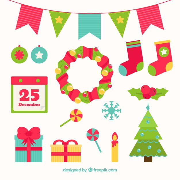 Elementos planos de navidad de colores