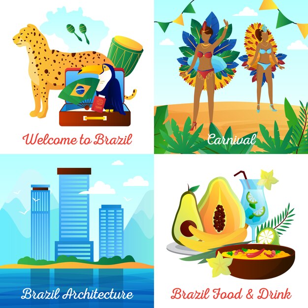 Los elementos planos de los viajes culturales de Brasil y la composición cuadrada de los caracteres con las bebidas de los alimentos de los puntos de referencia y los símbolos nacionales aislaron el ejemplo del vector