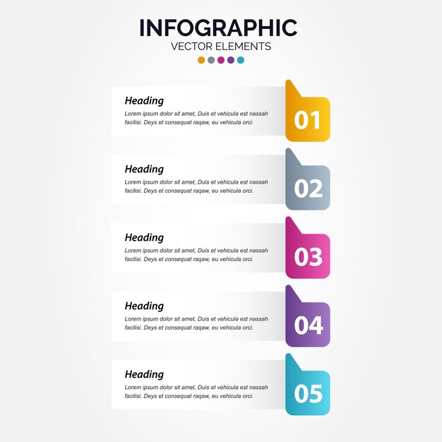 Elementos para presentación de infografía vertical y pasos de gráfico o opciones de procesos diseño de plantilla de flujo de trabajo número 5 pasos