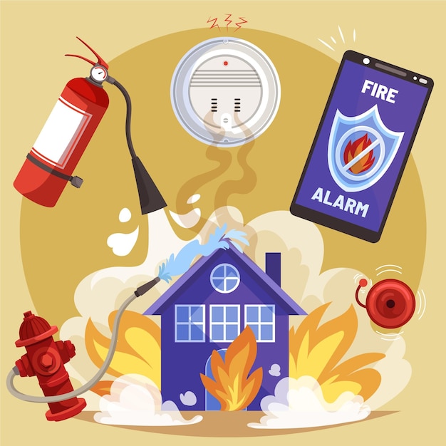 Elementos de prevención de incendios dibujados a mano.