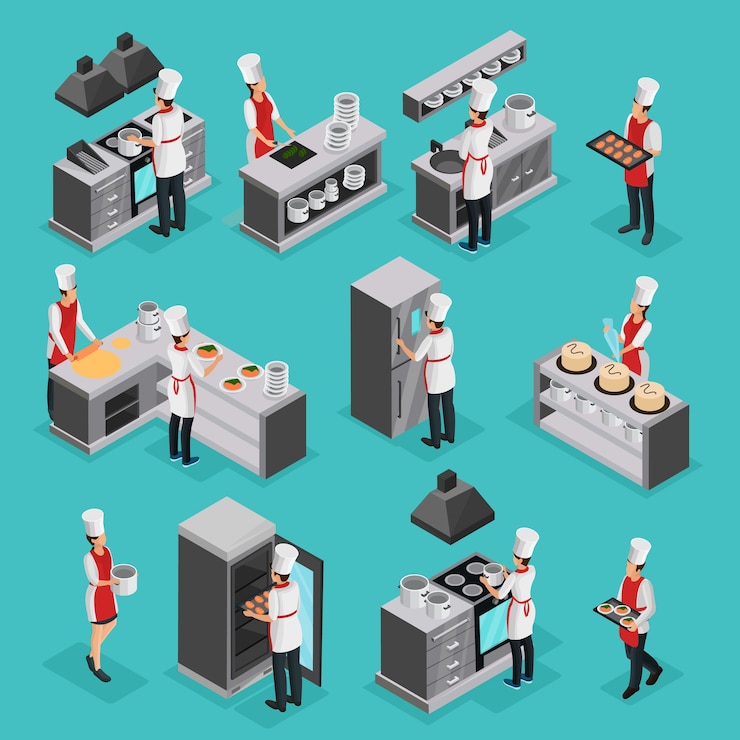 Vector gratuito elementos del proceso de cocción isométrica establecidos con cocineros profesionales que preparan diferentes platos y trabajan en un restaurante aislado