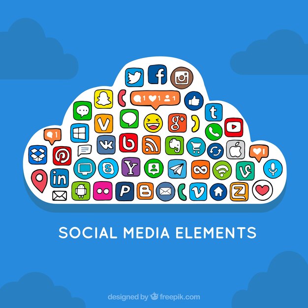 Elementos de redes sociales dibujados a mano dentro de una nube