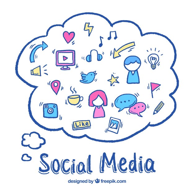 Elementos de redes sociales dibujados a mano dentro de una nube