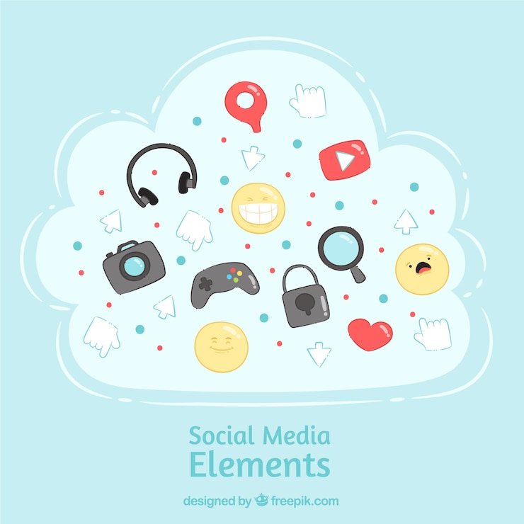 Vector gratuito elementos de redes sociales dibujados a mano dentro de una nube