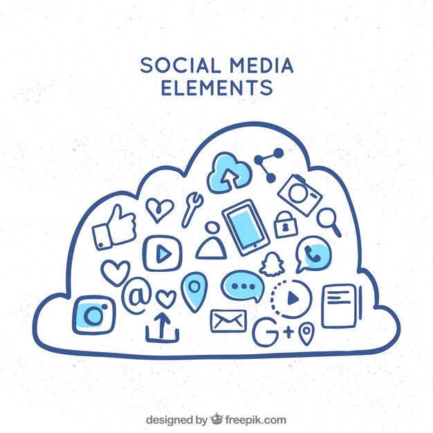 Elementos de redes sociales dibujados a mano dentro de una nube